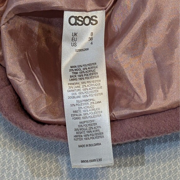 Asos Mauve Pink Collar Jacket Coat Peacoat W/ Faux Fur Size 4 US 8 UK Wool Blend - Picture 11 of 14